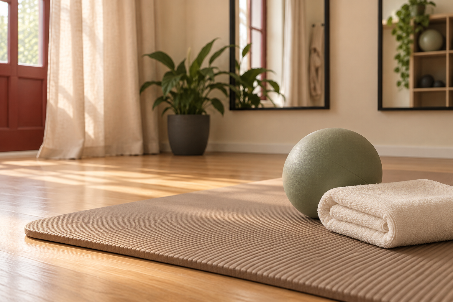 Pilatesmatrac, zsályazöld labda és törölköző napfényes stúdióban